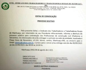 Edital processo seletivo Manhuaçu pedreiros e serventes